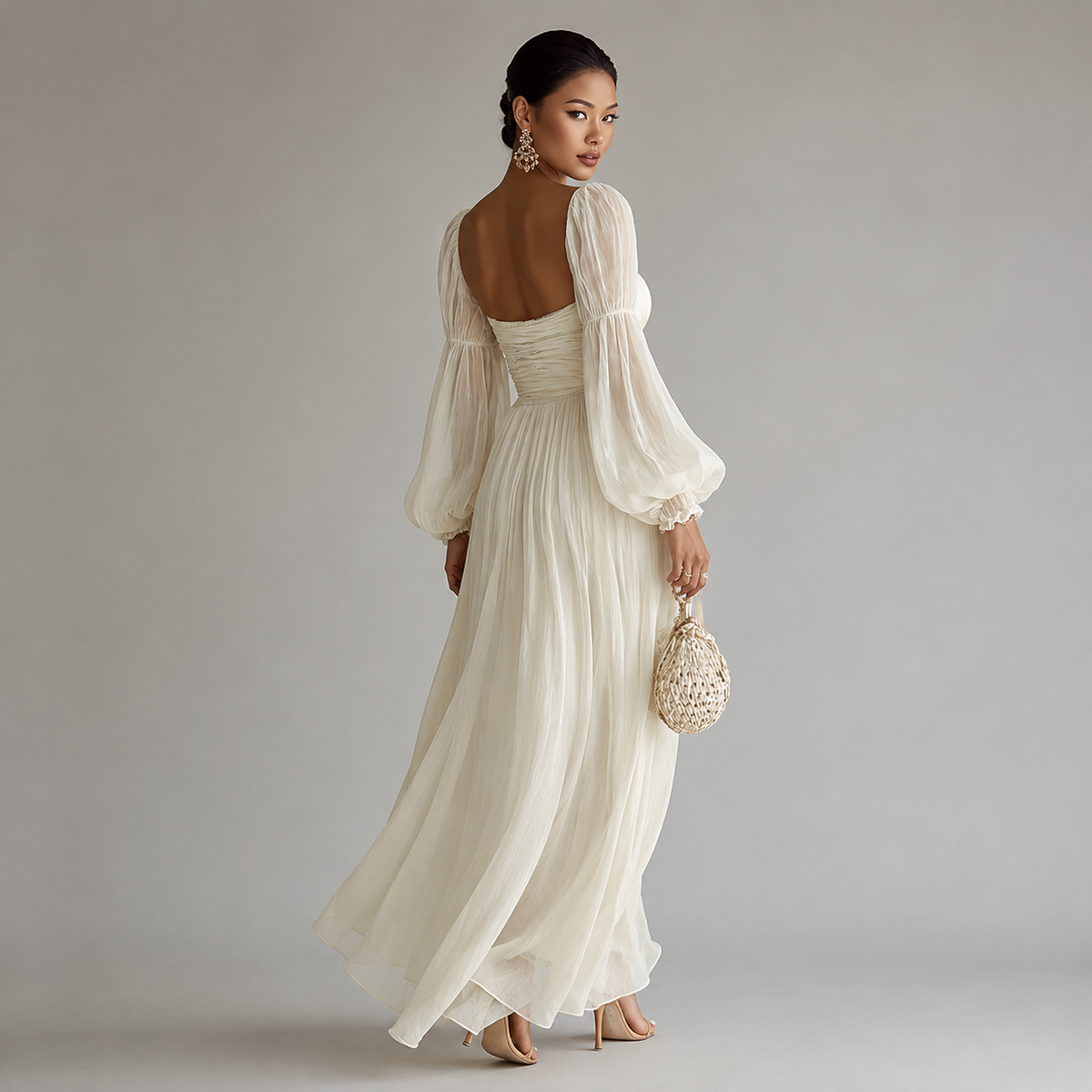 Square Neck Long Sleeve Chiffon Maxi Dress — source view 2