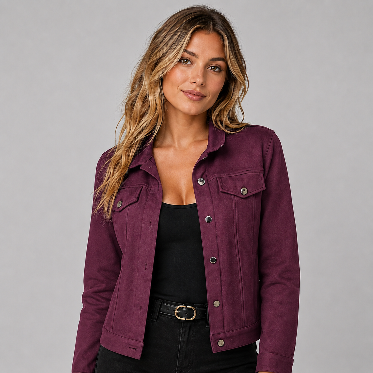 Faux Suede Button Front Trucker Jacket — source view 8