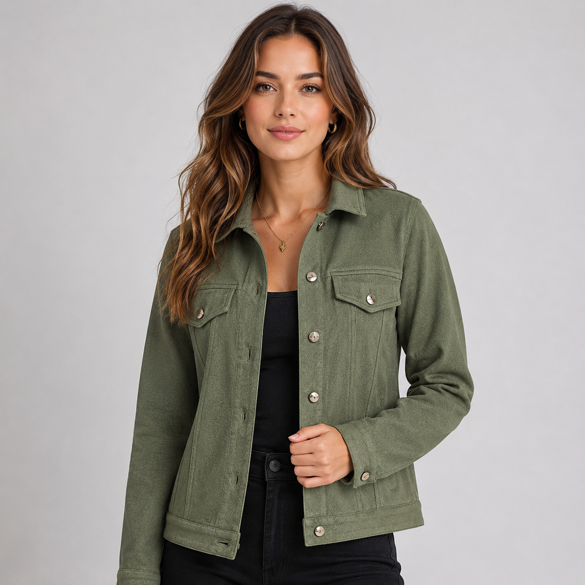 Faux Suede Button Front Trucker Jacket — source view 5