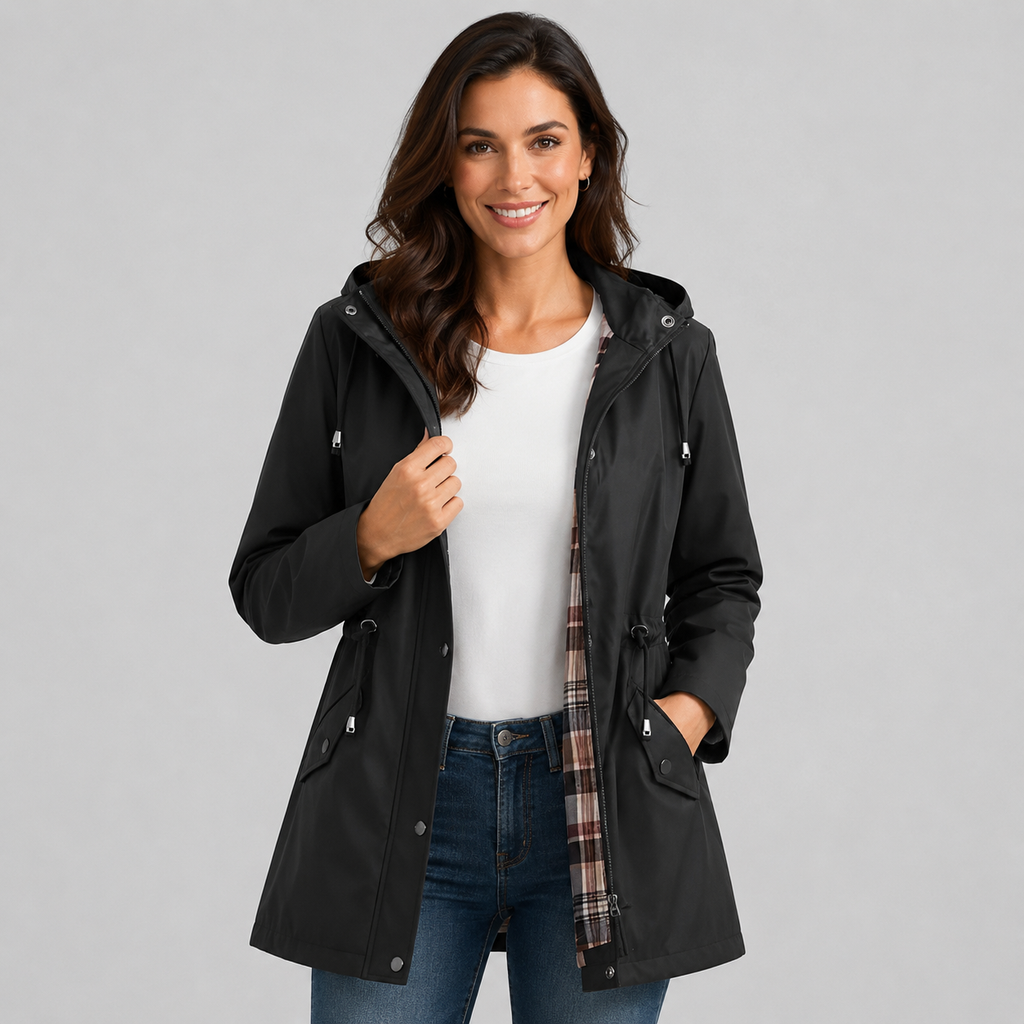 Check Lined Hooded Drawstring Rain Jacket — source view 1
