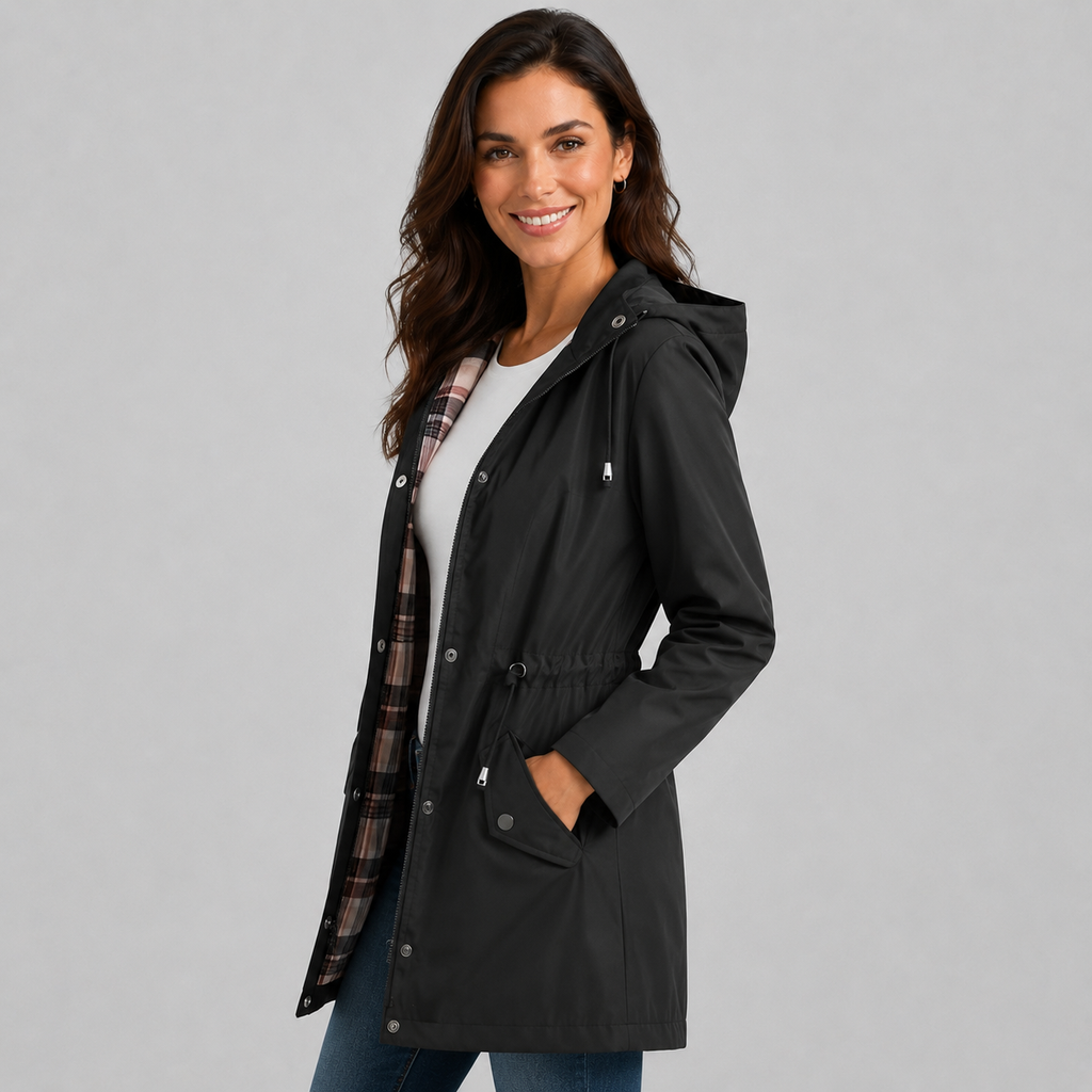 Check Lined Hooded Drawstring Rain Jacket — source view 3