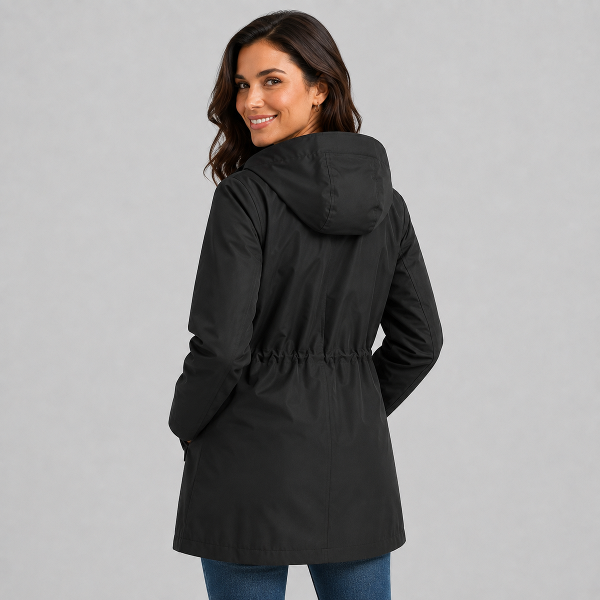 Check Lined Hooded Drawstring Rain Jacket — source view 2