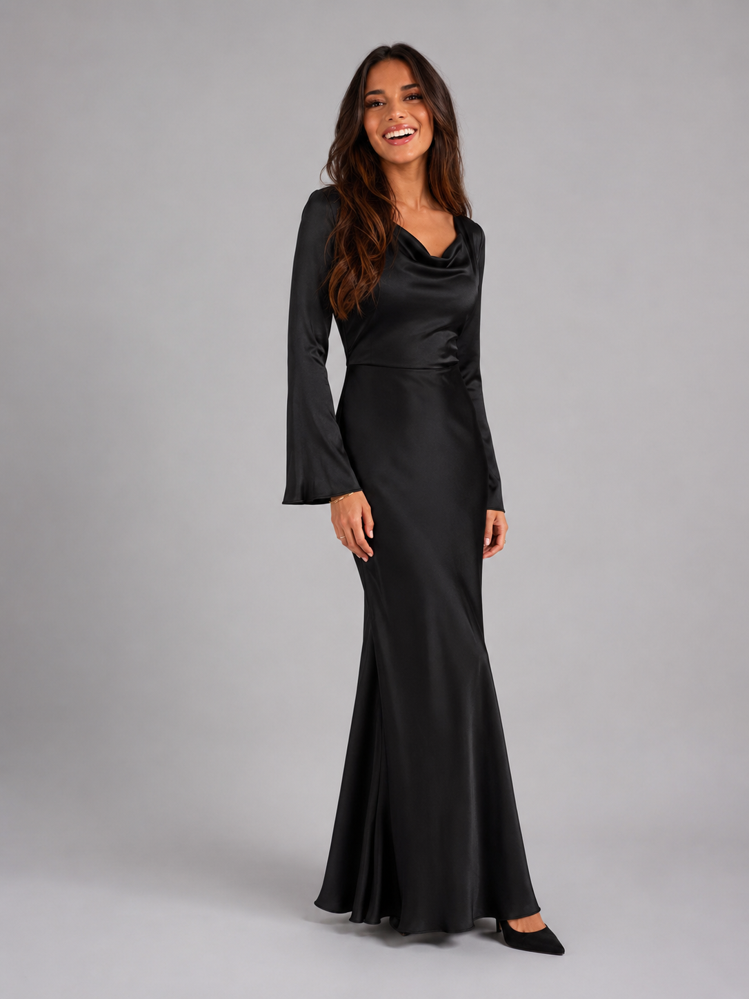 Long Sleeve Satin Cowl Neck Maxi Dress — source view 20