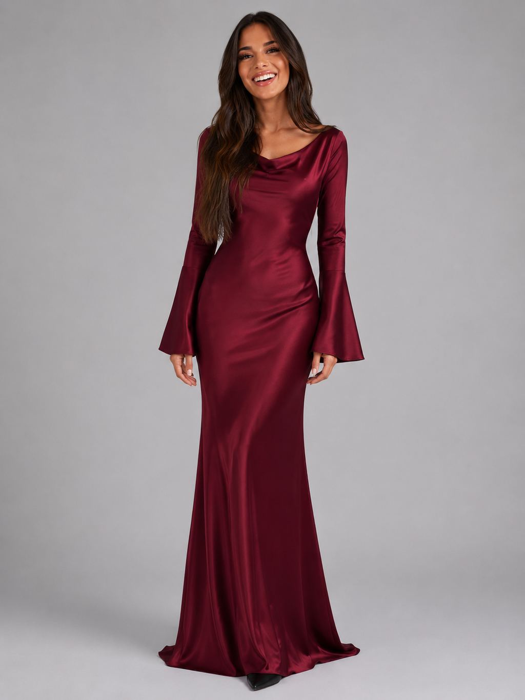 Long Sleeve Satin Cowl Neck Maxi Dress — source view 1