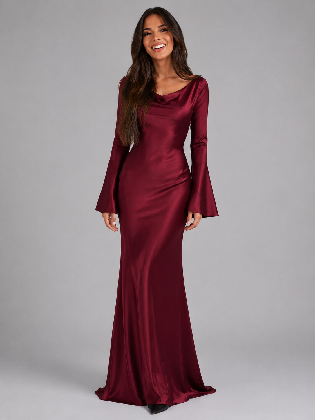 Long Sleeve Satin Cowl Neck Maxi Dress — source view 1