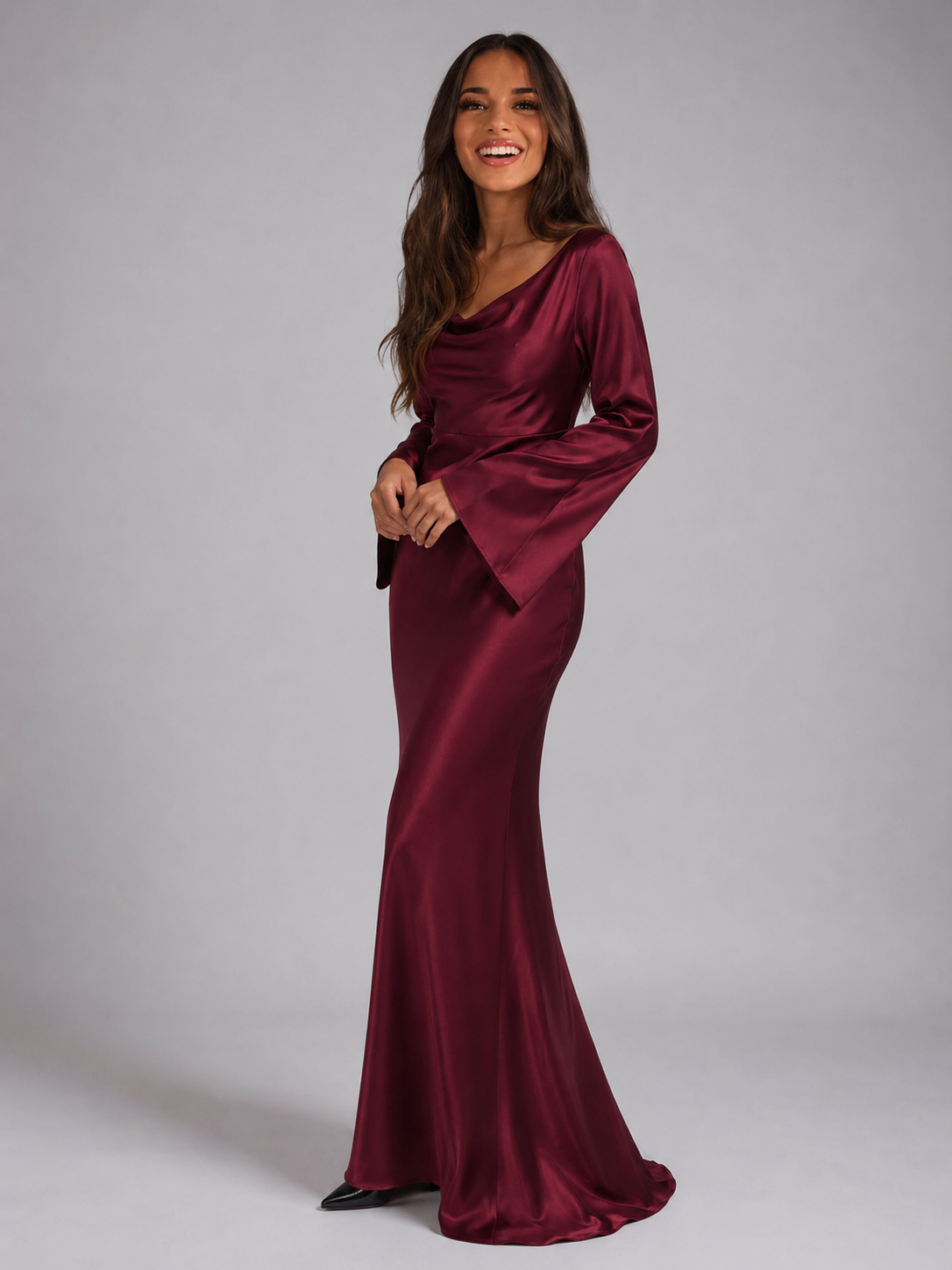Long Sleeve Satin Cowl Neck Maxi Dress — source view 2