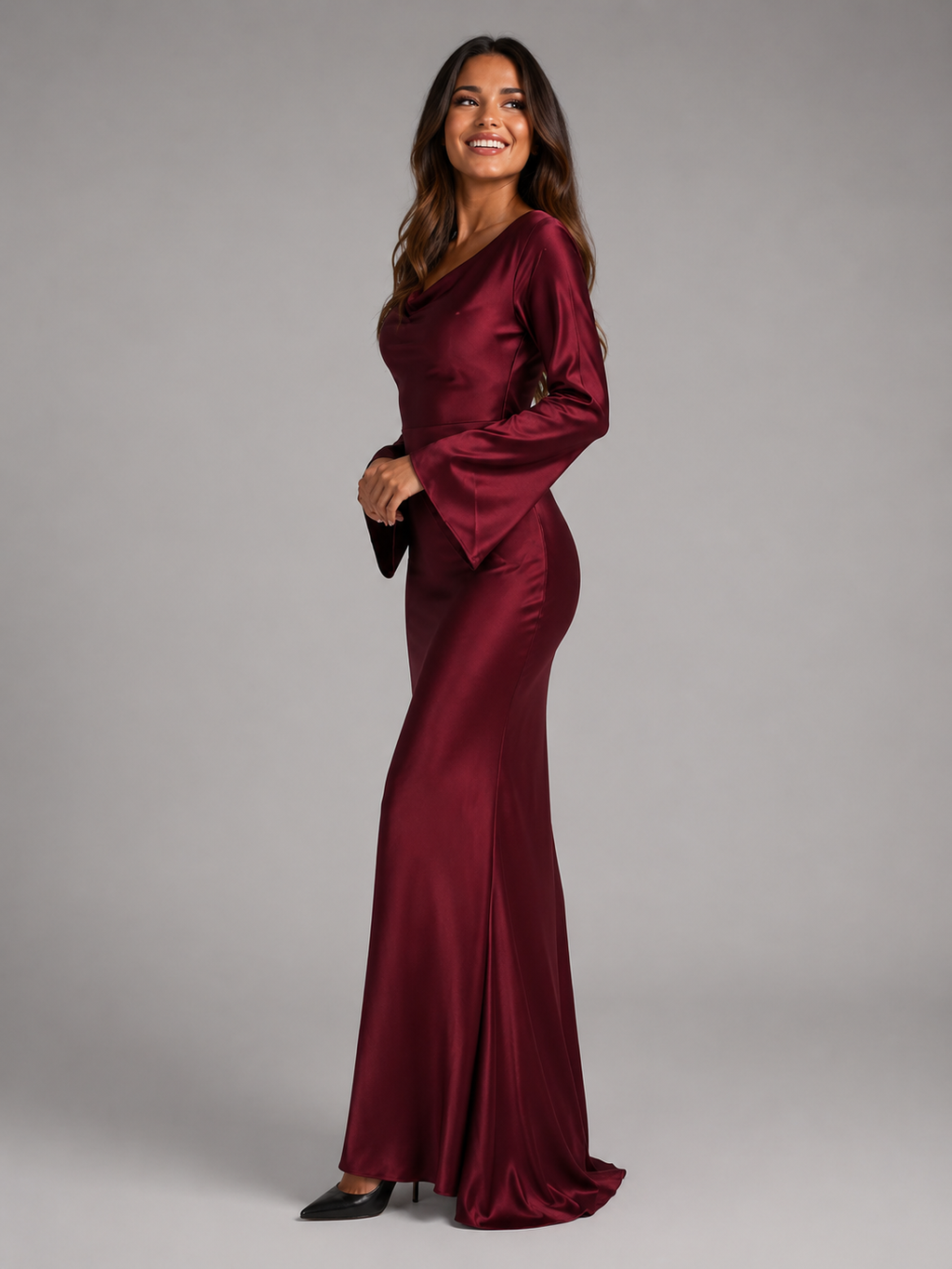 Long Sleeve Satin Cowl Neck Maxi Dress — source view 6