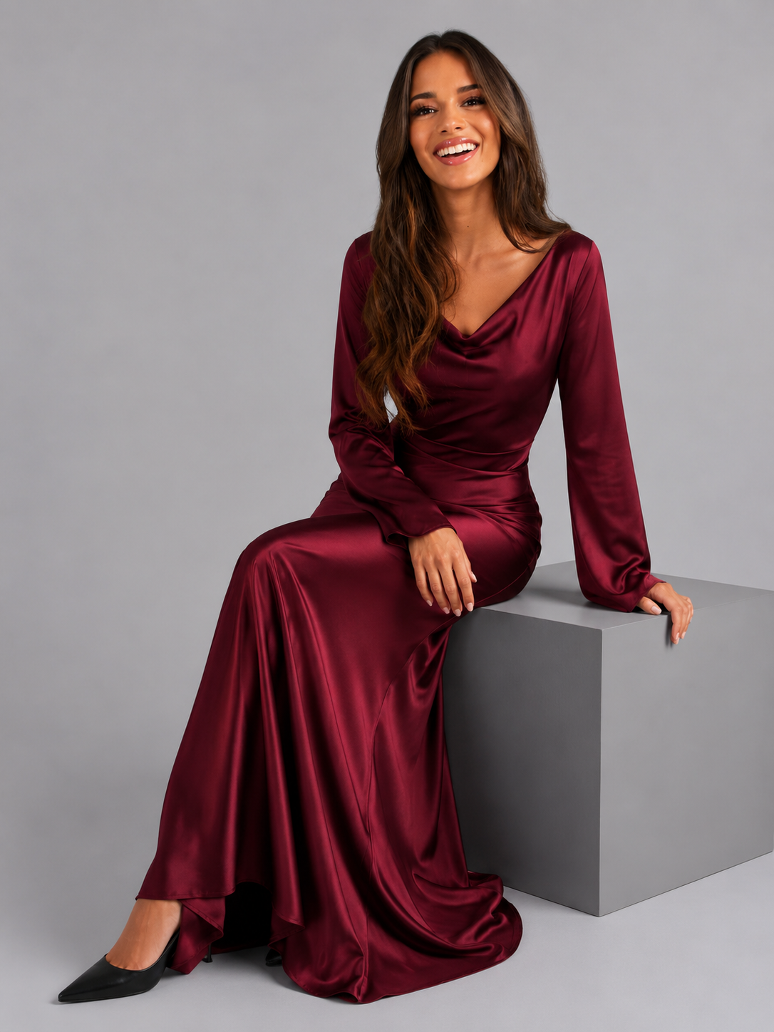 Long Sleeve Satin Cowl Neck Maxi Dress — source view 5