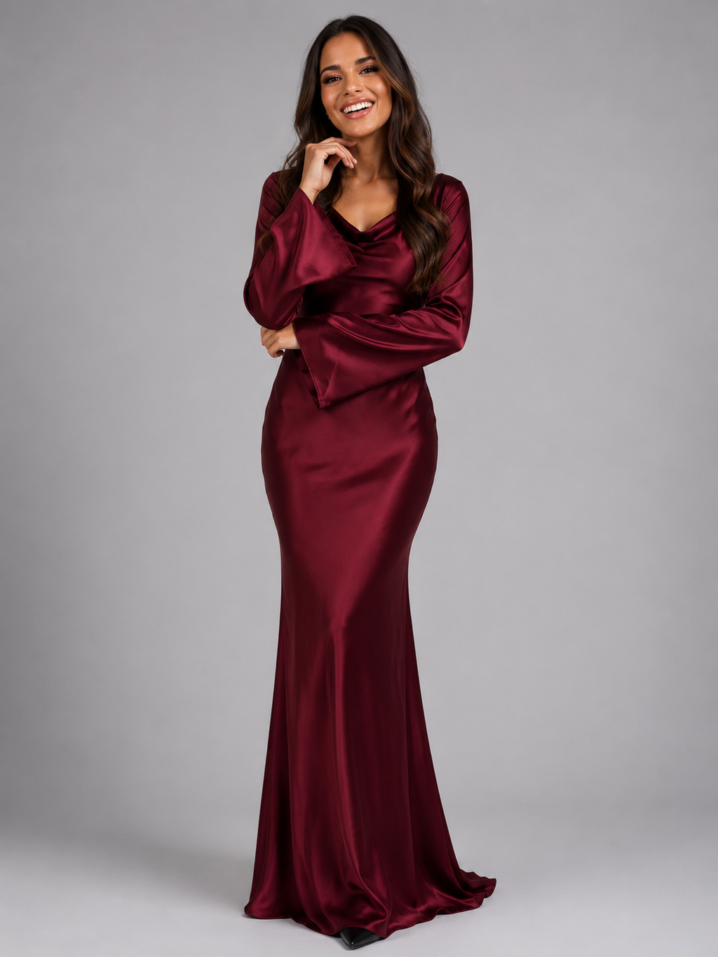Long Sleeve Satin Cowl Neck Maxi Dress — source view 7