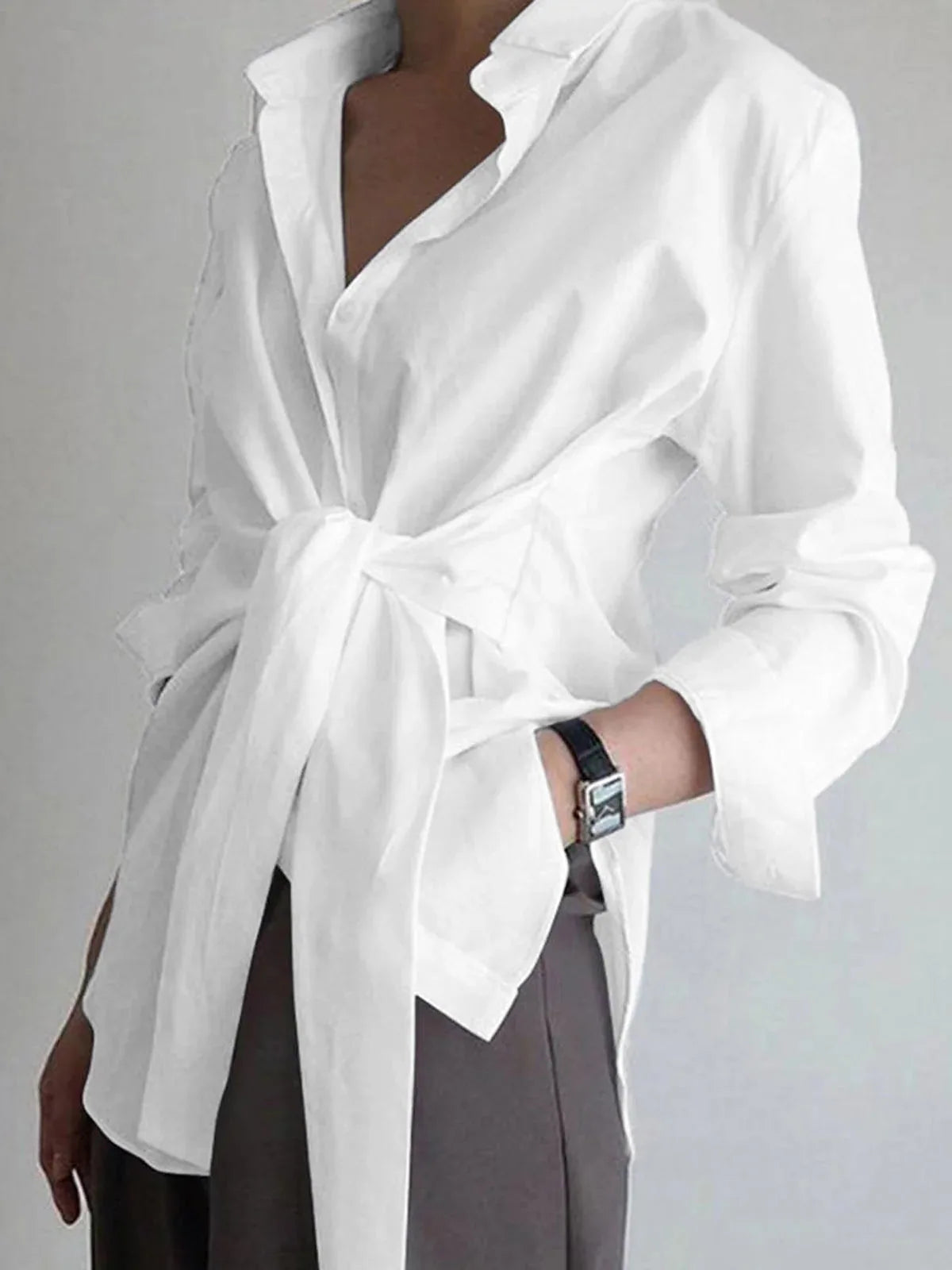 Tie Waist Button Down Shirt Blouse