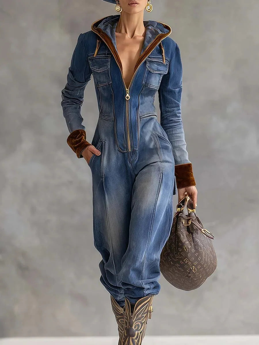 Hooded Denim Zip Front Jumpsuit