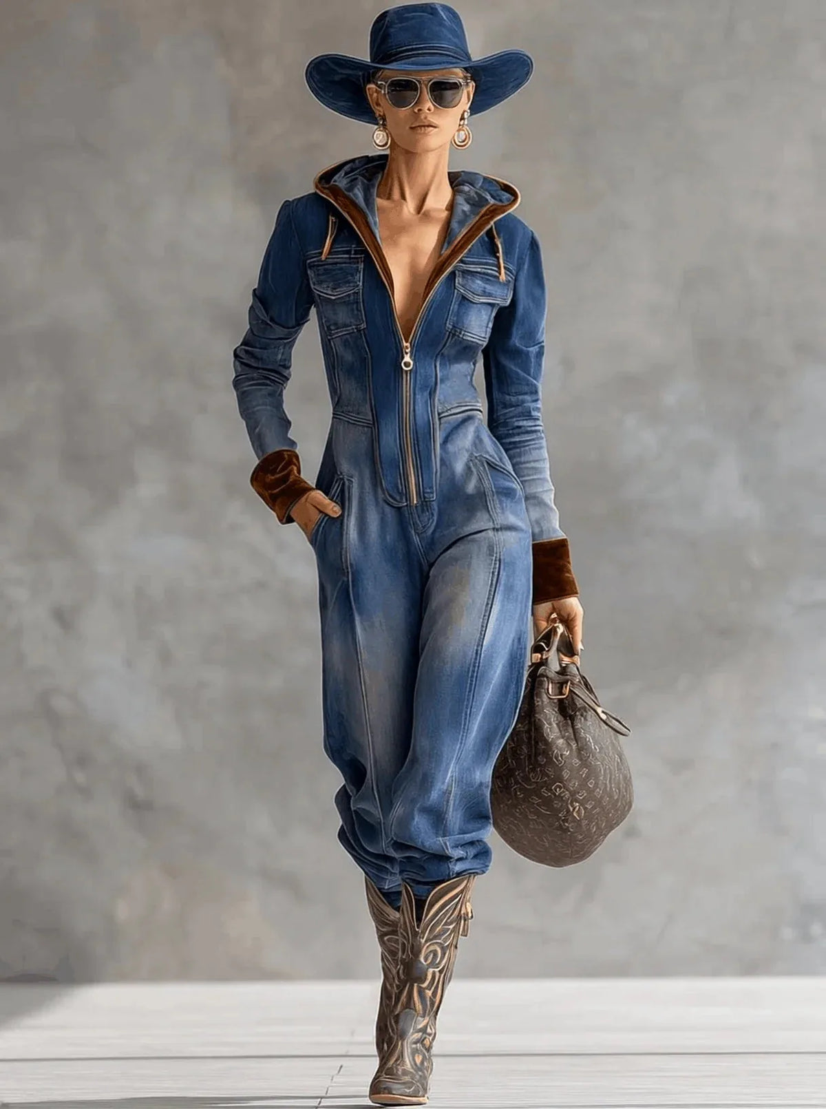 Hooded Denim Zip Front Jumpsuit