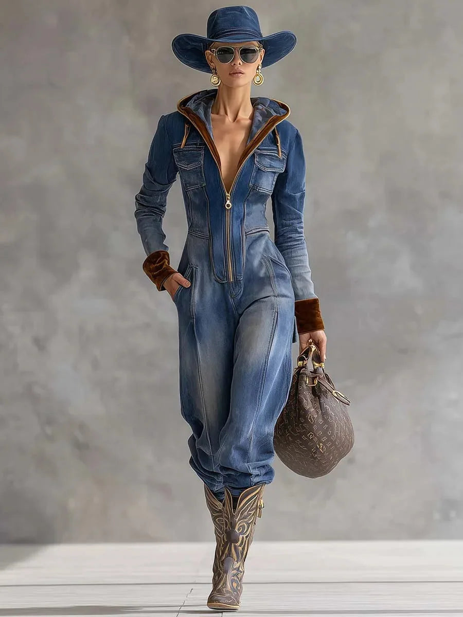 Hooded Denim Zip Front Jumpsuit