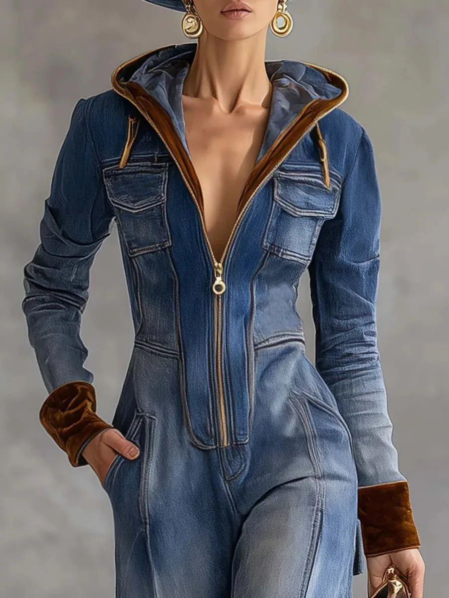 Hooded Denim Zip Front Jumpsuit