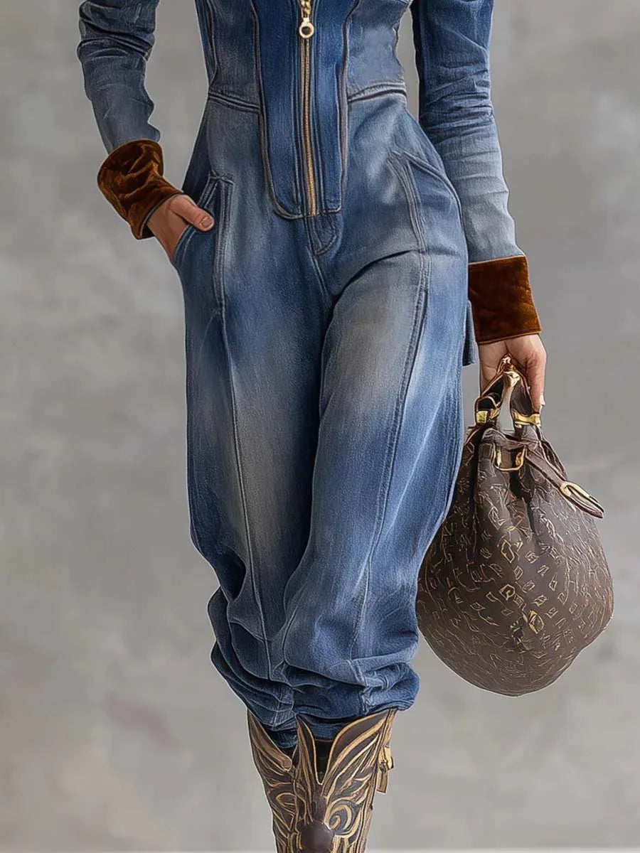 Hooded Denim Zip Front Jumpsuit