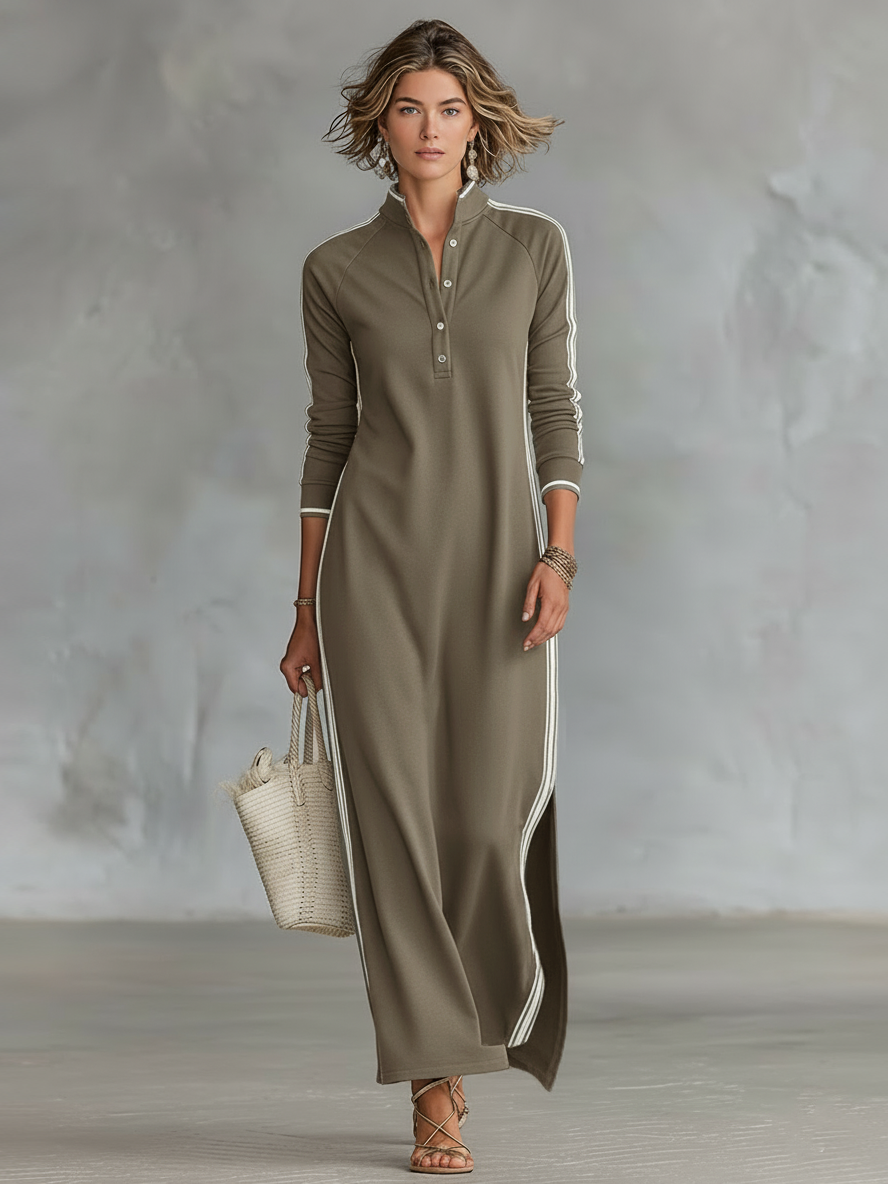 Long Sleeve Side Stripe Button Collar Maxi Dress — source view 3