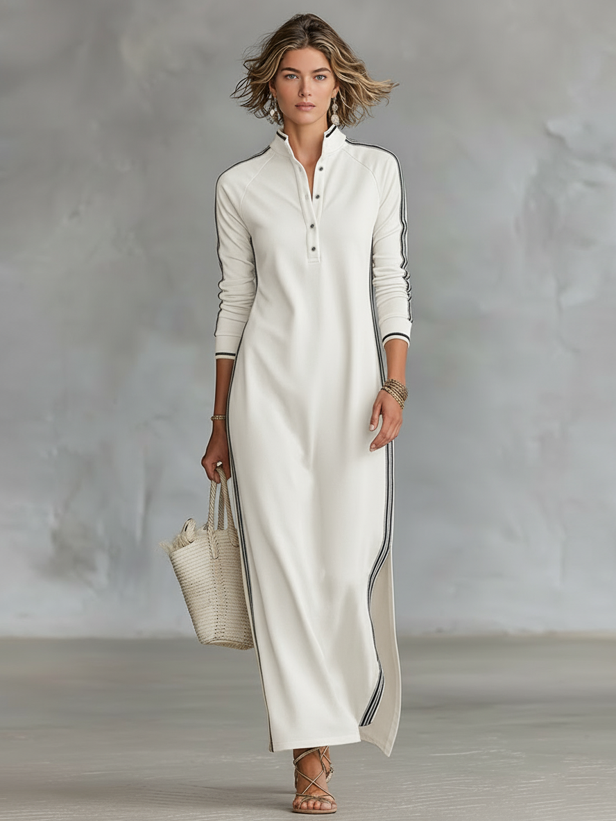 Long Sleeve Side Stripe Button Collar Maxi Dress — source view 4