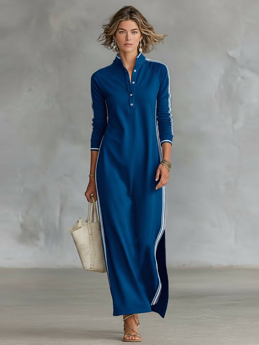 Long Sleeve Side Stripe Button Collar Maxi Dress — source view 5