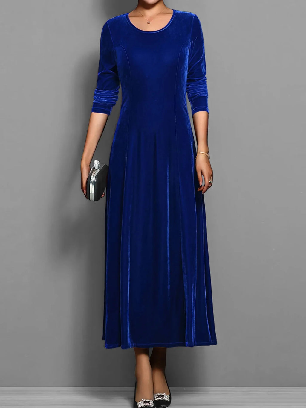 Velvet A Line Long Sleeve Midi Dress