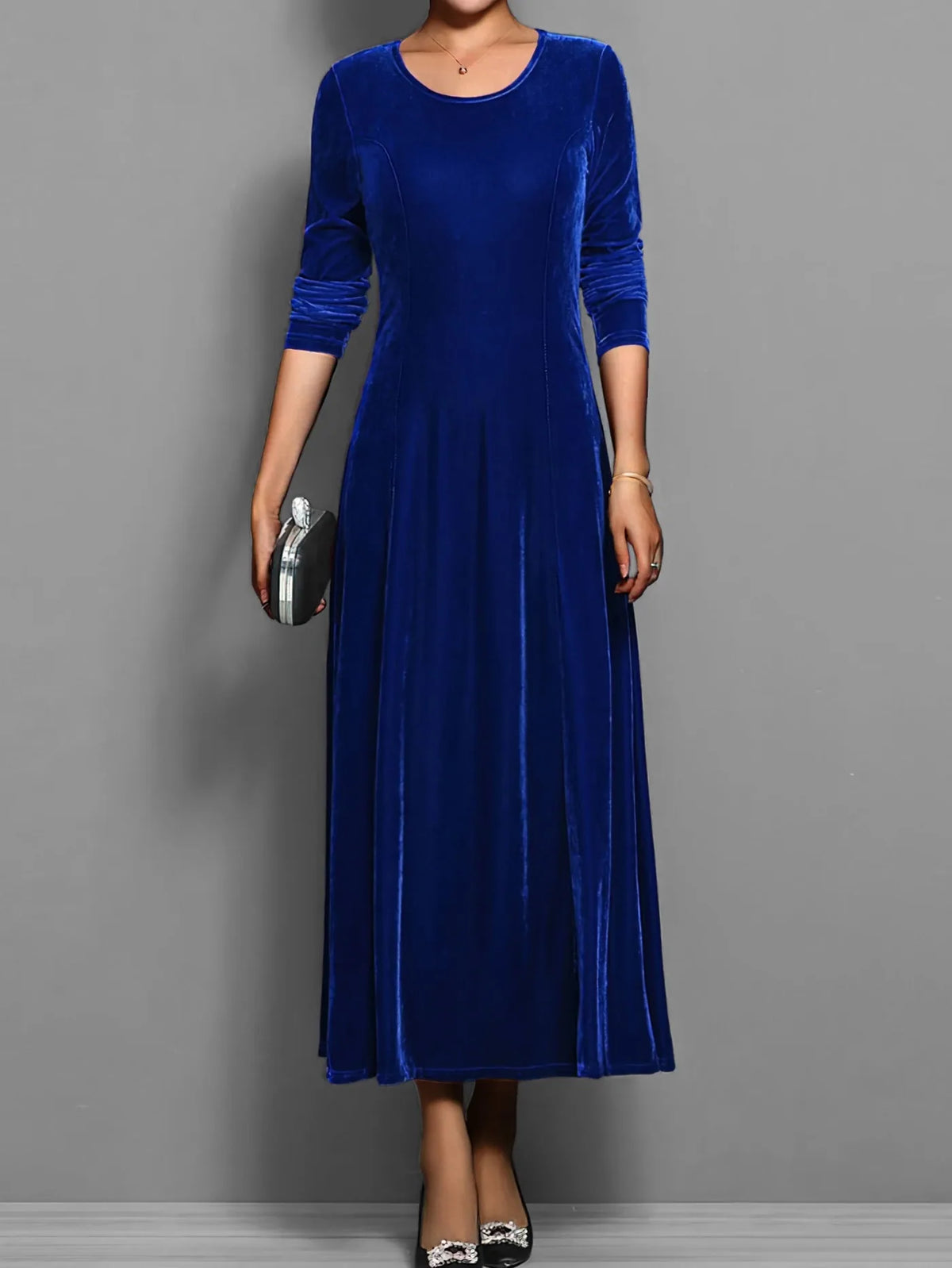 Velvet A Line Long Sleeve Midi Dress