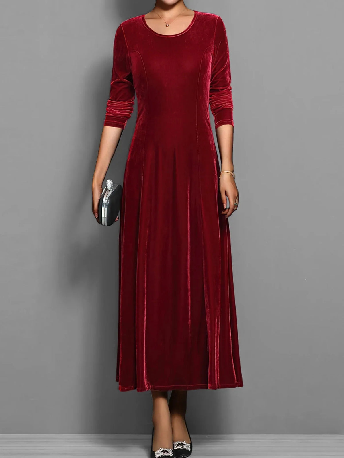Velvet A Line Long Sleeve Midi Dress