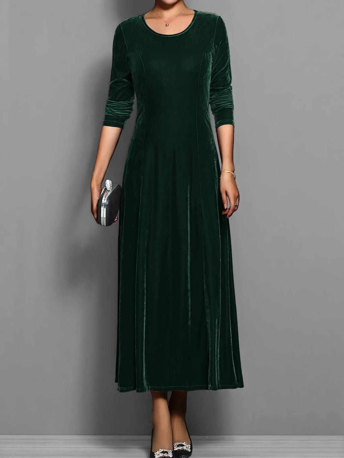 Velvet A Line Long Sleeve Midi Dress