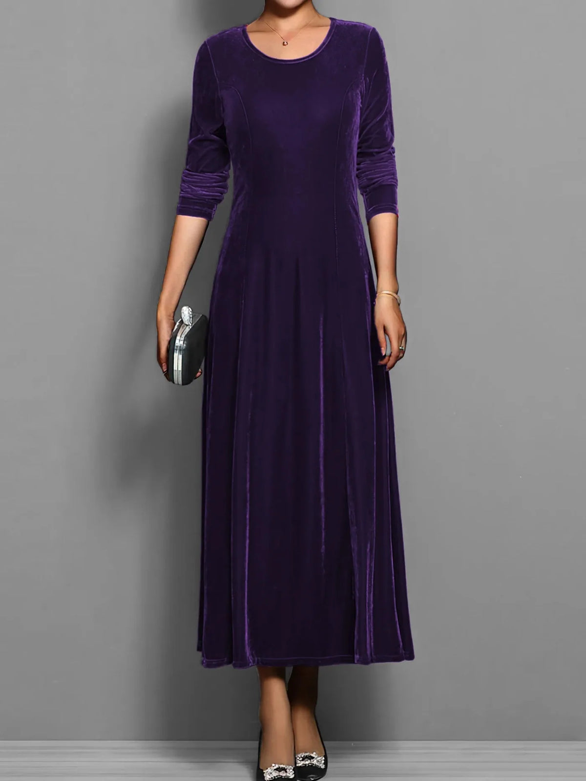 Velvet A Line Long Sleeve Midi Dress