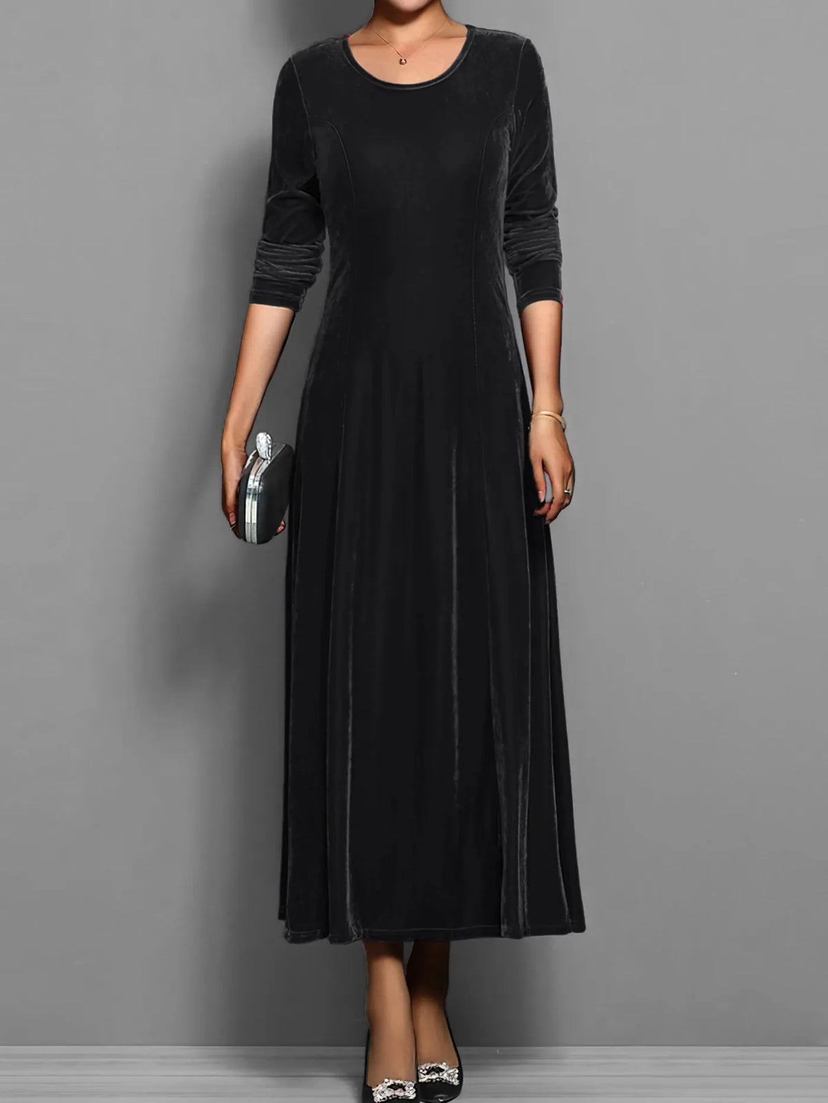 Velvet A Line Long Sleeve Midi Dress - Black