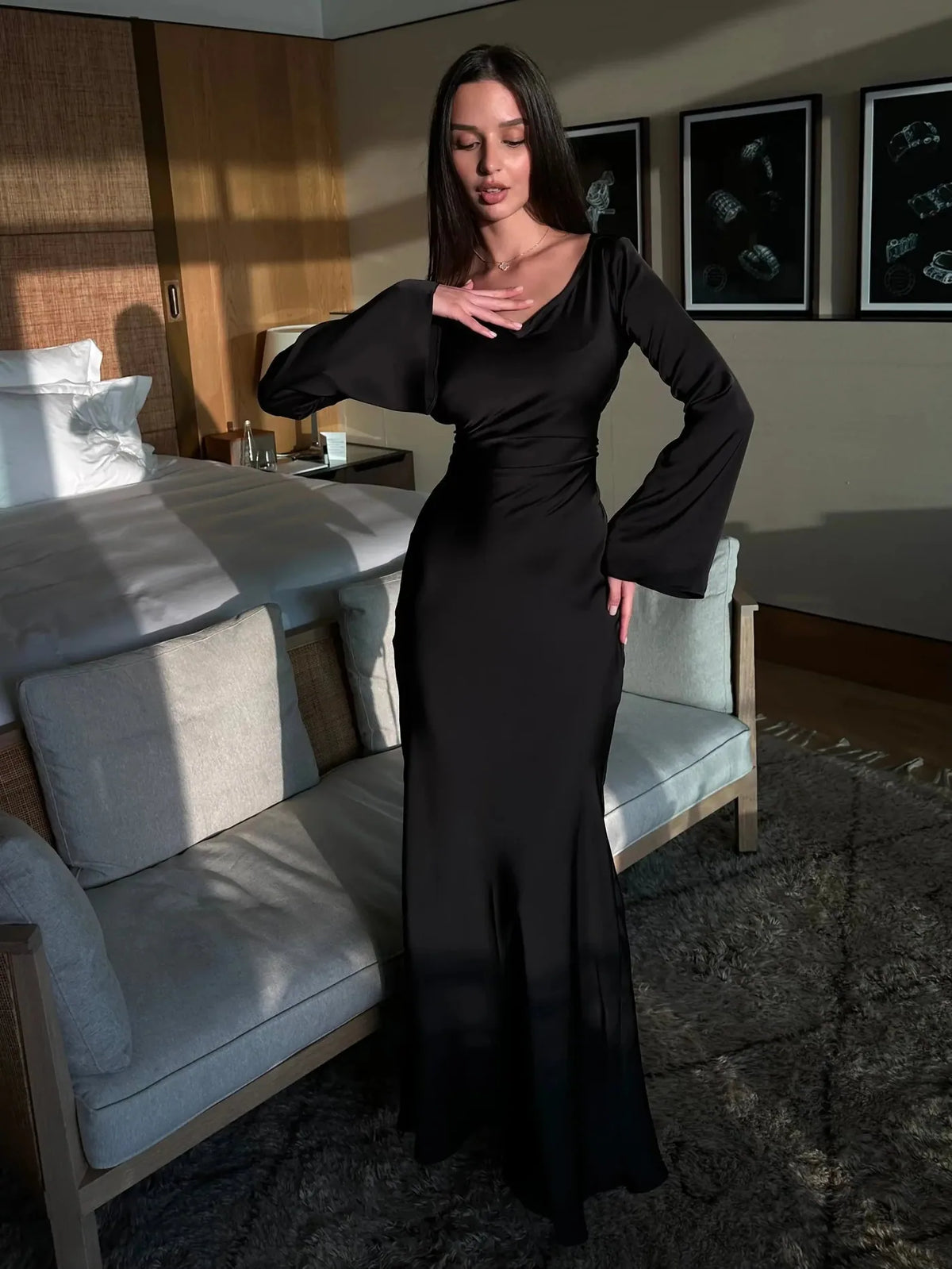 Satin Long Sleeve Maxi Dress