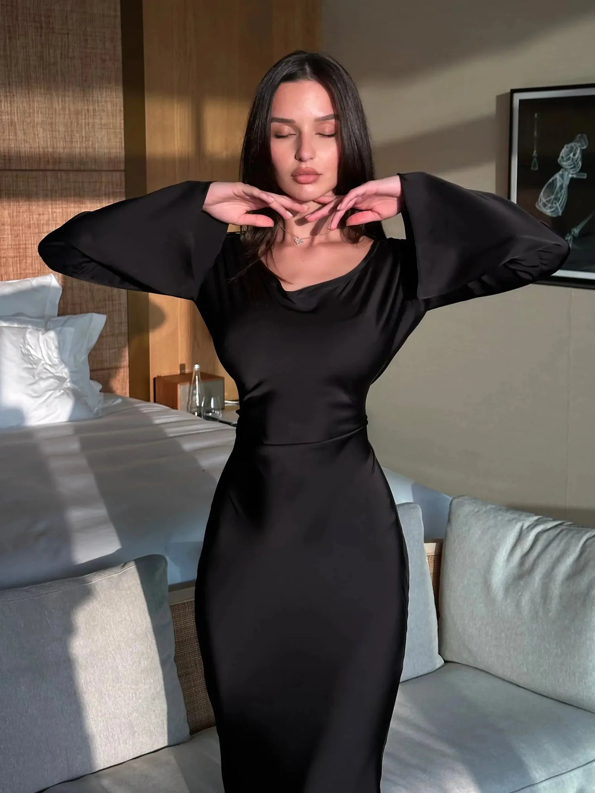 Satin Long Sleeve Maxi Dress - Black