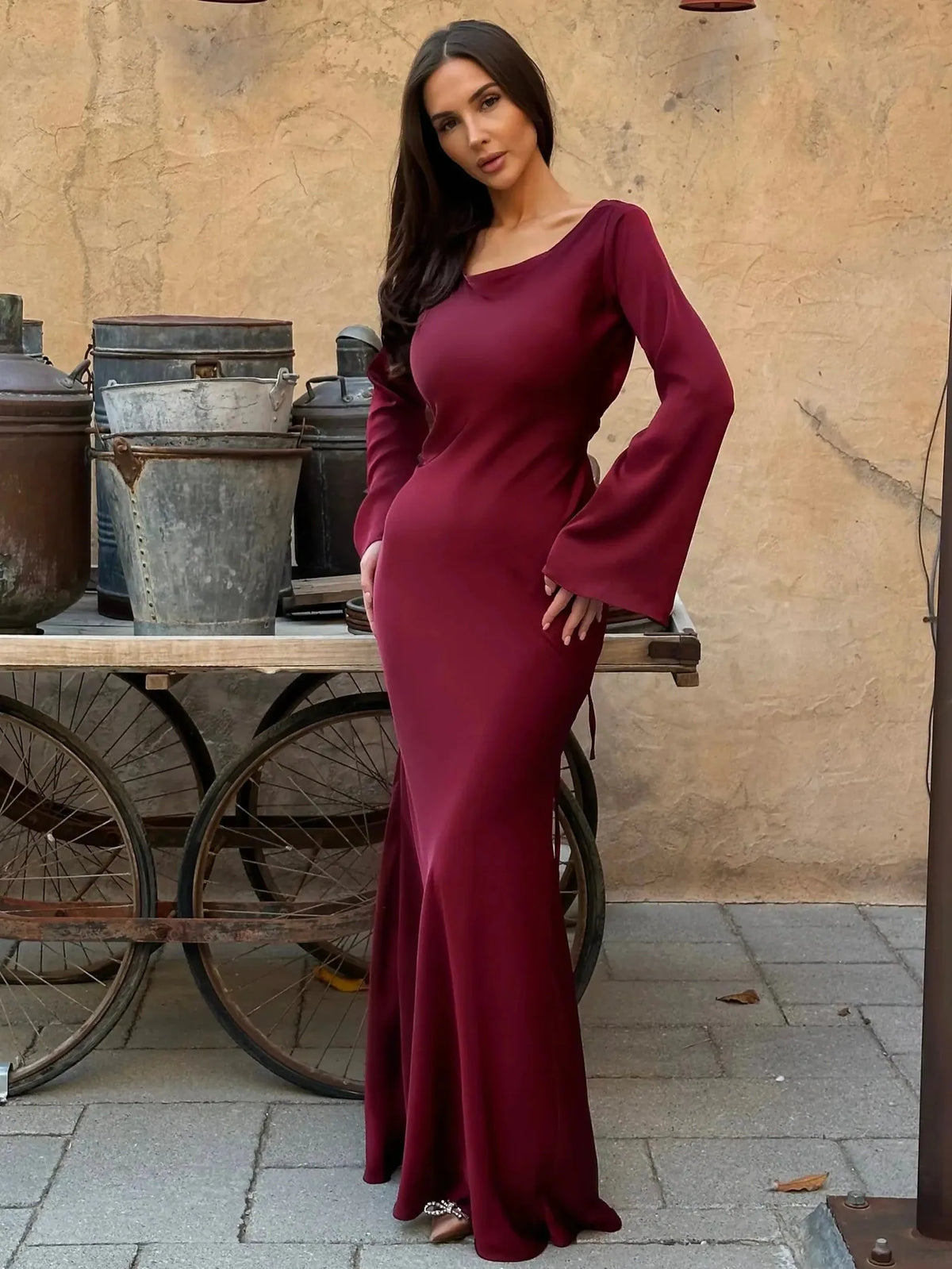 Satin Long Sleeve Maxi Dress - Burgundy