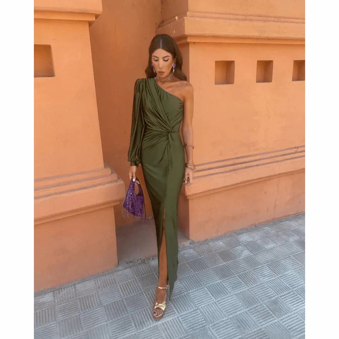 Satin One Shoulder Evening Maxi Dress