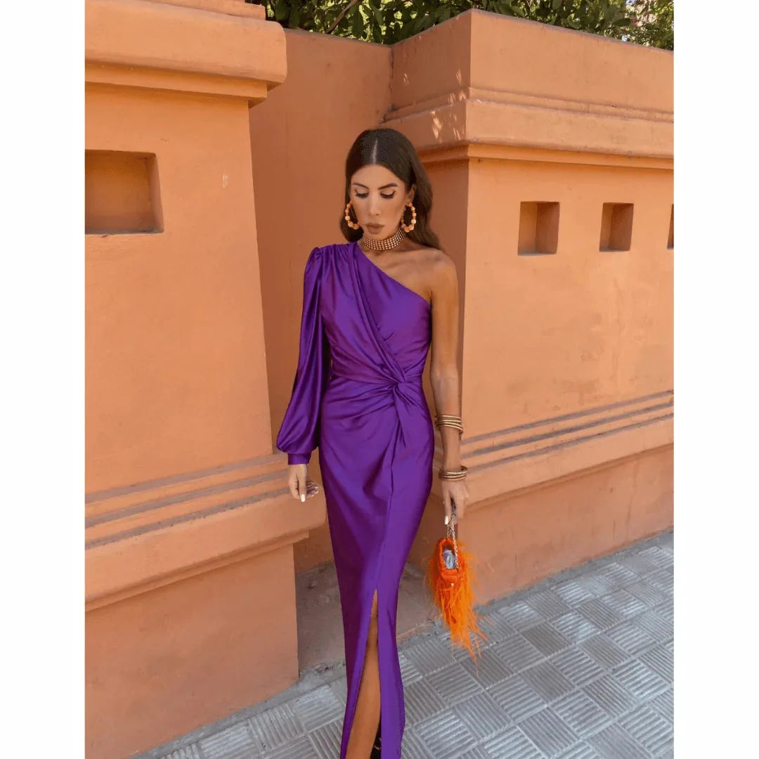 Satin One Shoulder Evening Maxi Dress