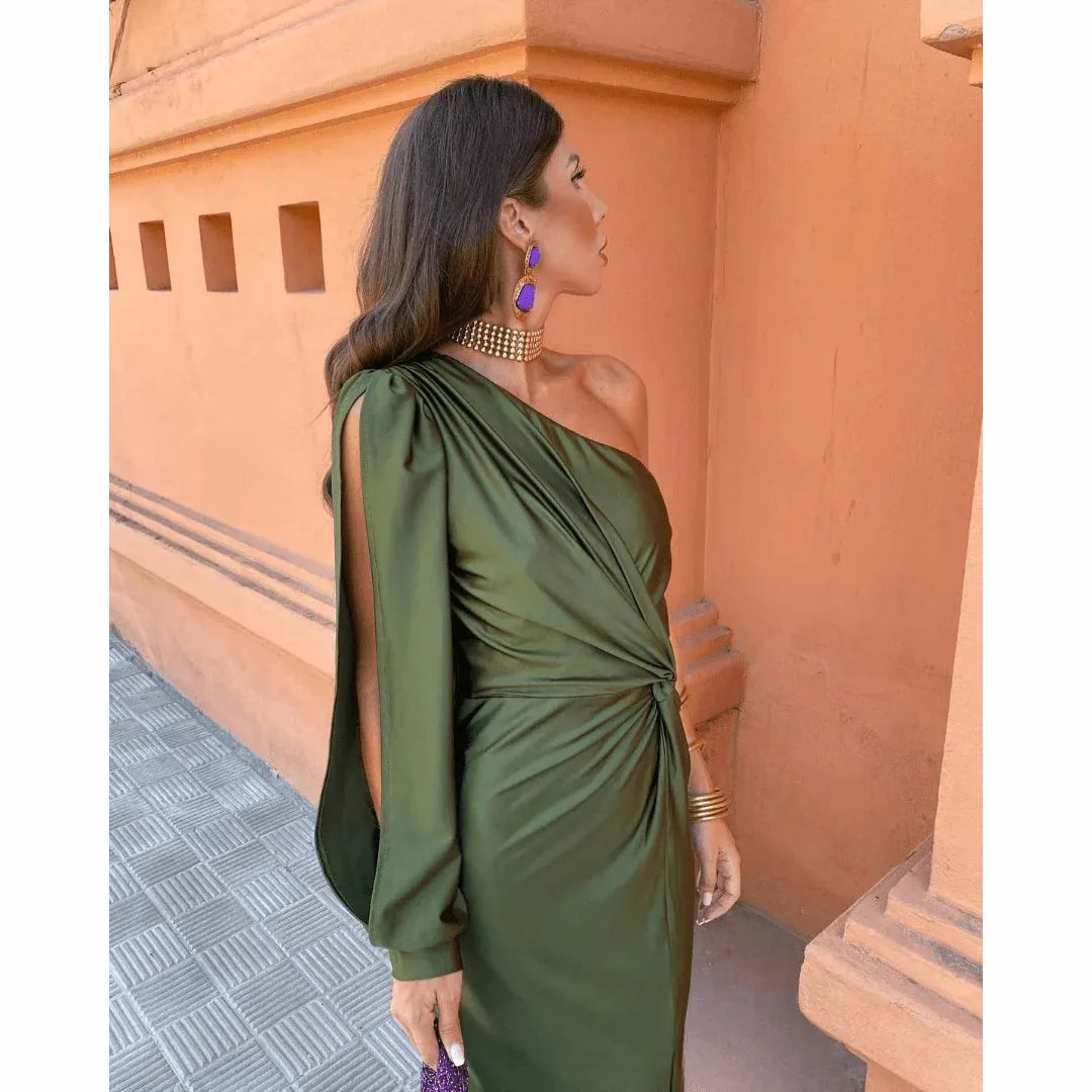 Satin One Shoulder Evening Maxi Dress