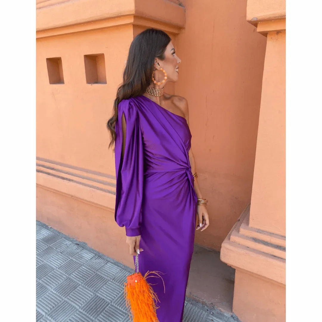 Satin One Shoulder Evening Maxi Dress