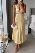 Satin Pleated V Neck Maxi Dress