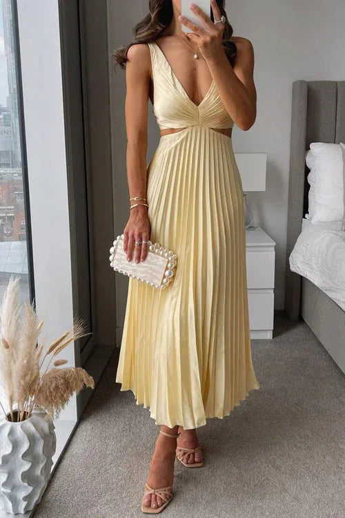 Satin Pleated V Neck Maxi Dress
