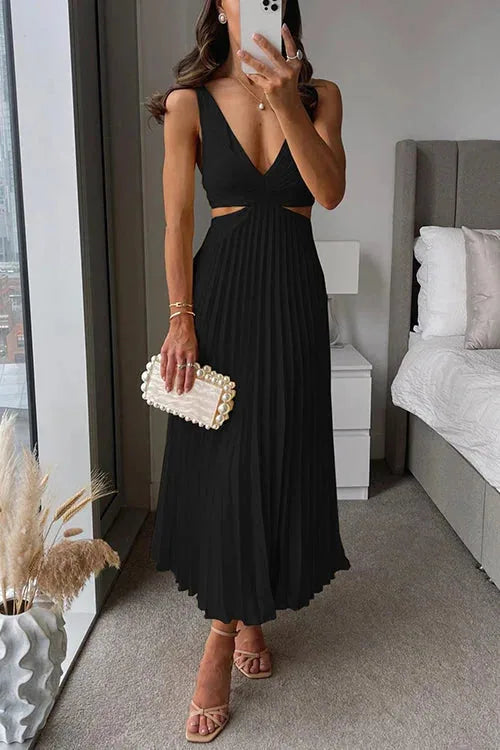 Satin Pleated V Neck Maxi Dress