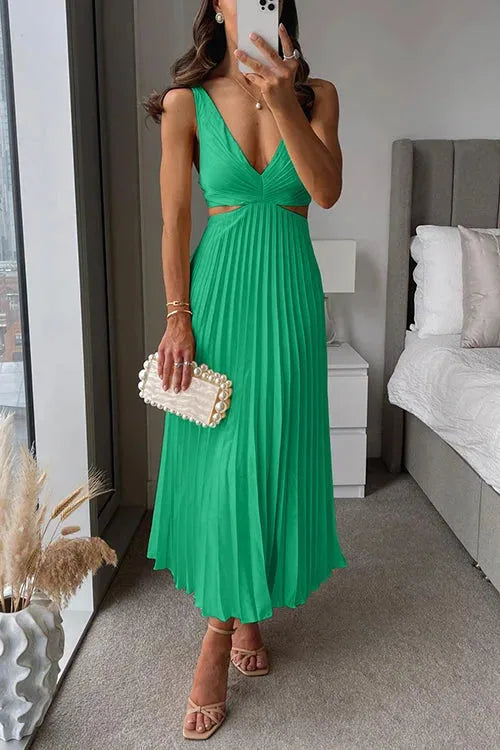 Satin Pleated V Neck Maxi Dress