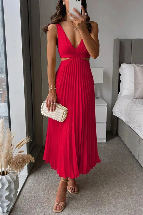 Satin Pleated V Neck Maxi Dress