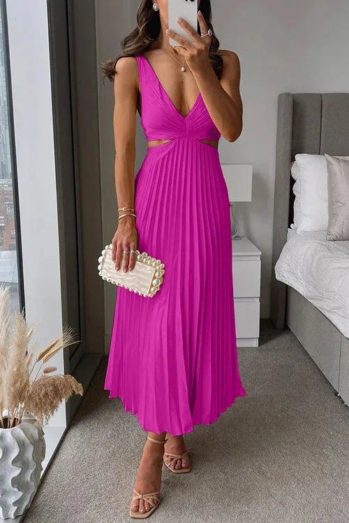 Satin Pleated V Neck Maxi Dress