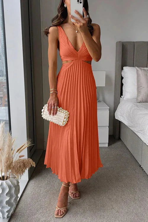 Satin Pleated V Neck Maxi Dress