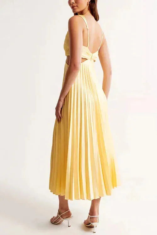 Satin Pleated V Neck Maxi Dress