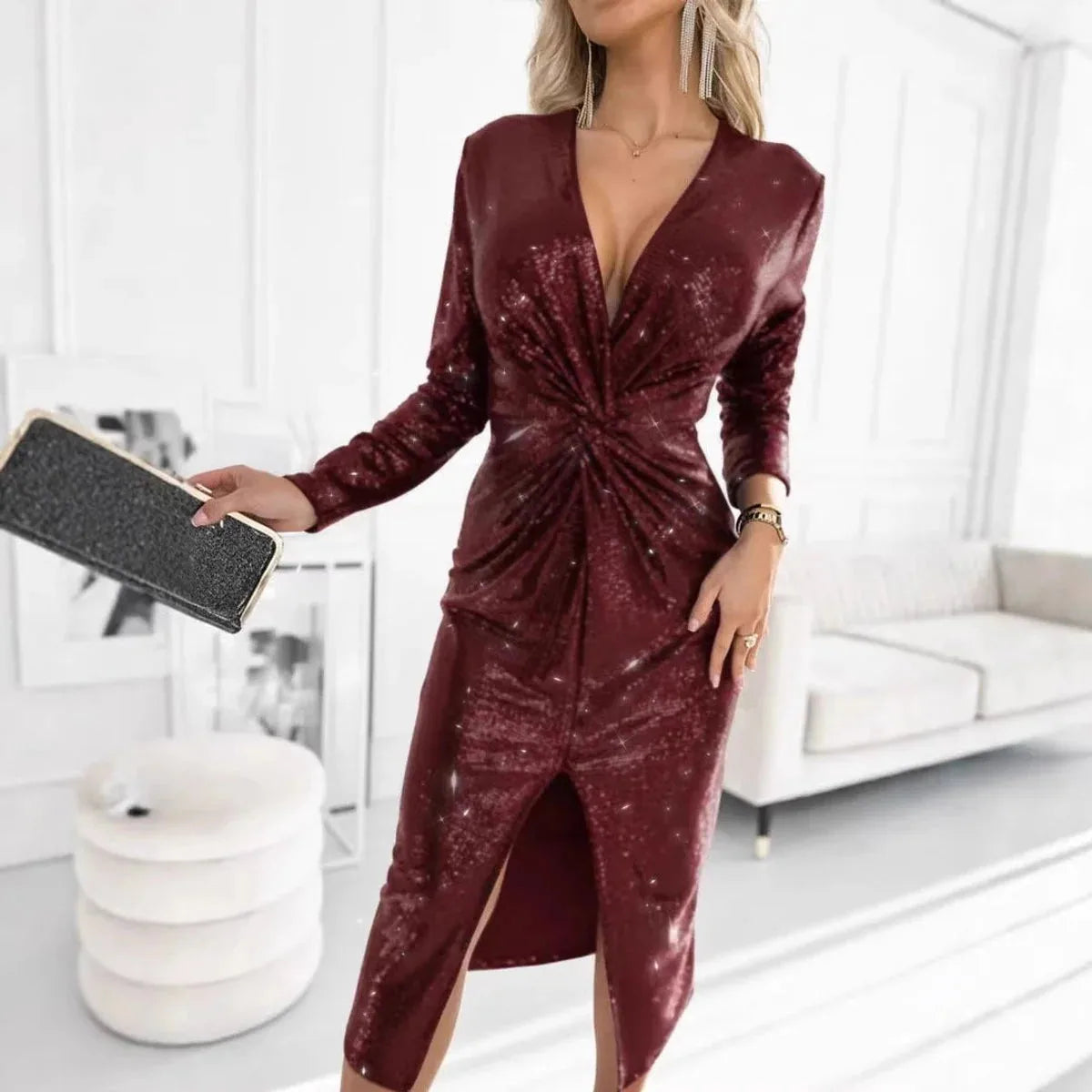 Sequin Deep V Twist Front Midi Dress