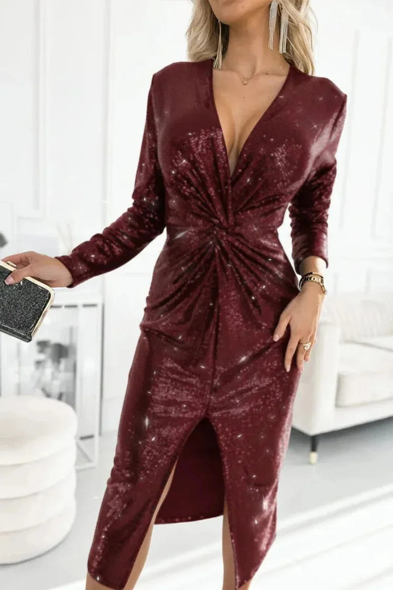 Sequin Deep V Twist Front Midi Dress