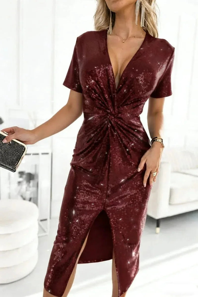 Sequin Deep V Twist Front Midi Dress - Burgundy
