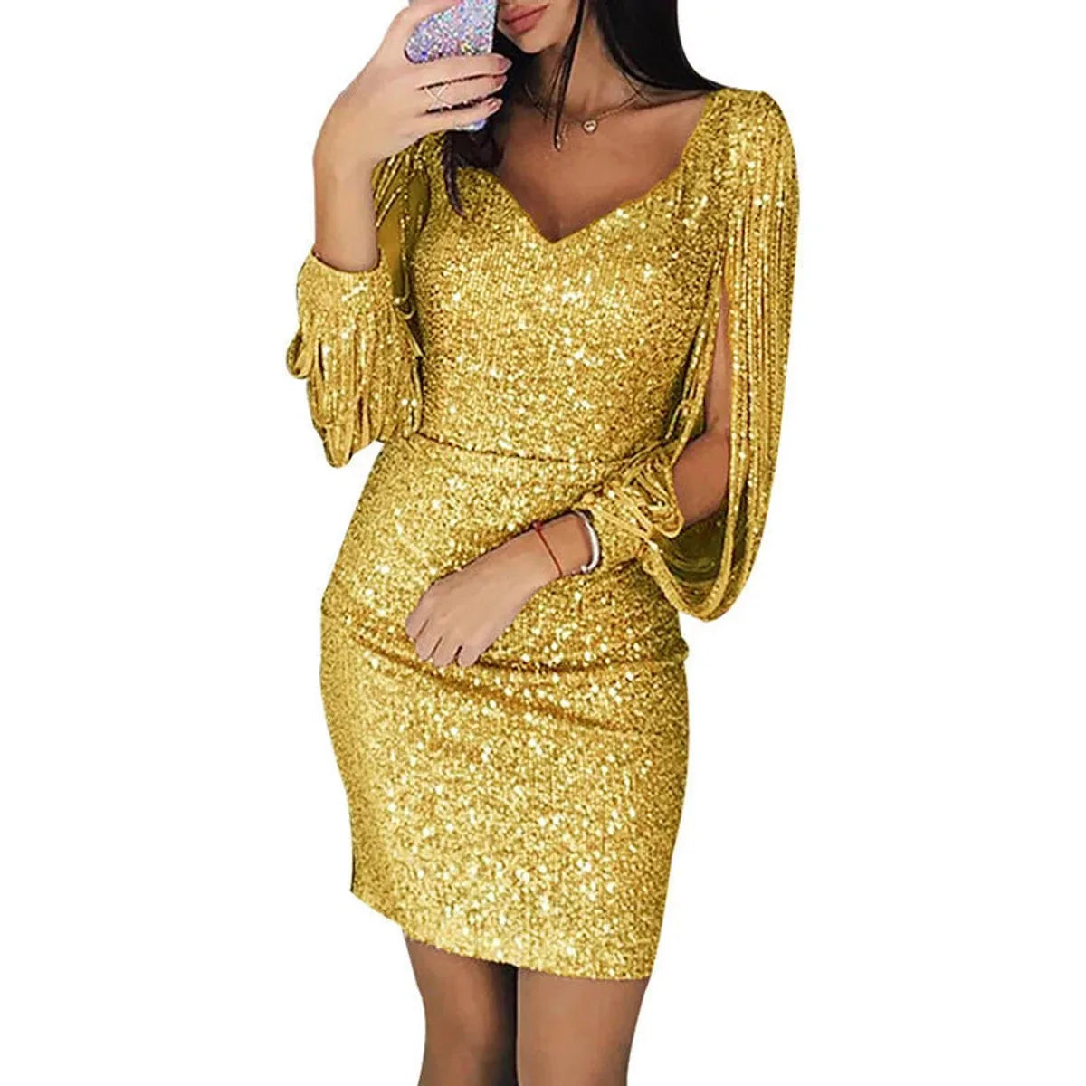 Sequin Tassel Sleeve Bodycon Dress