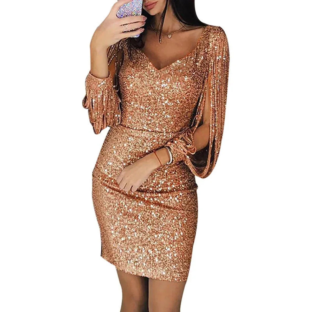 Sequin Tassel Sleeve Bodycon Dress