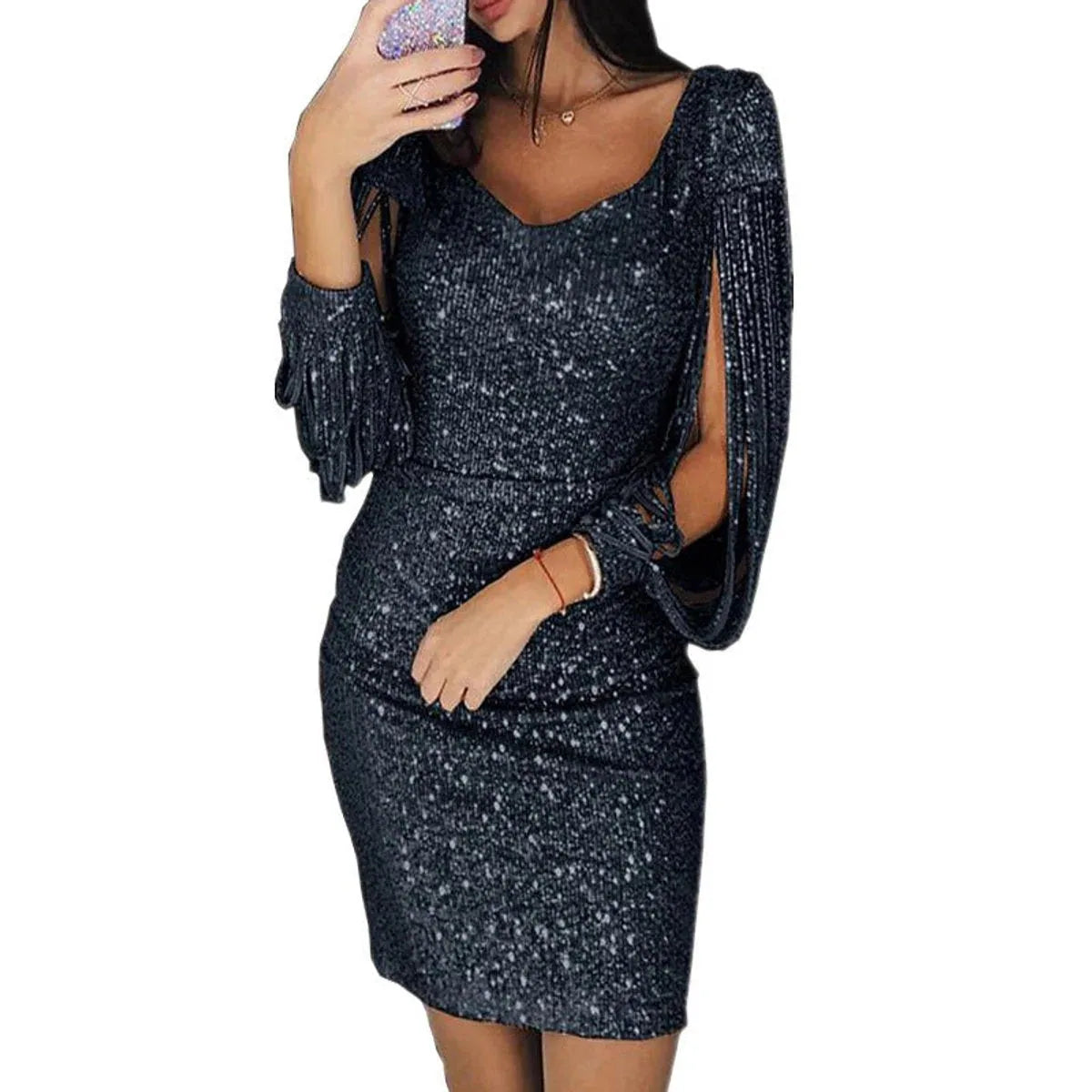 Sequin Tassel Sleeve Bodycon Dress