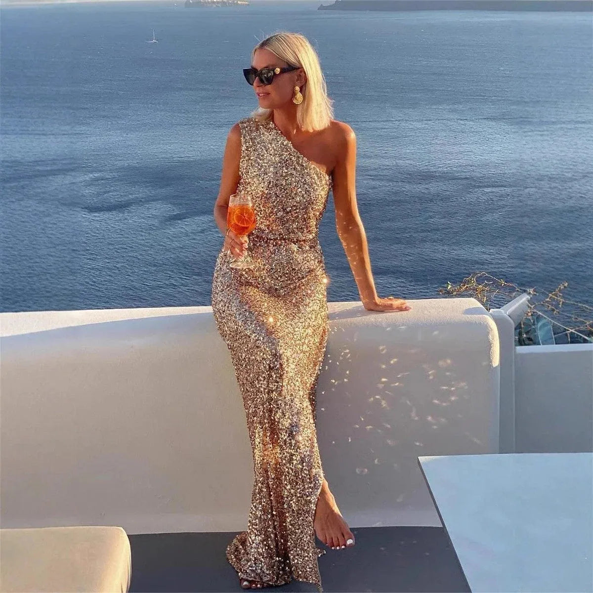 One Shoulder Sequin Maxi Dress